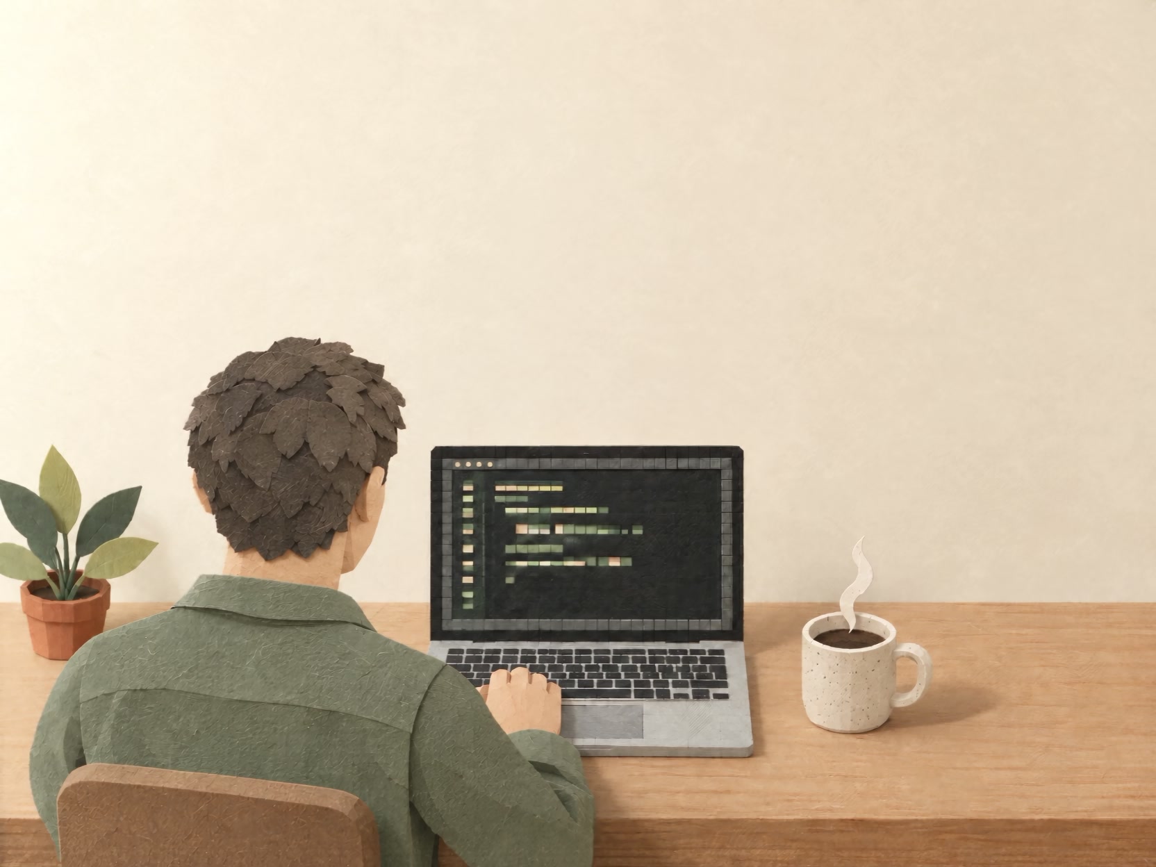 Cut-paper scene: a professional at a desk, seen over the shoulder, working on a laptop made of hand-cut paper pixels